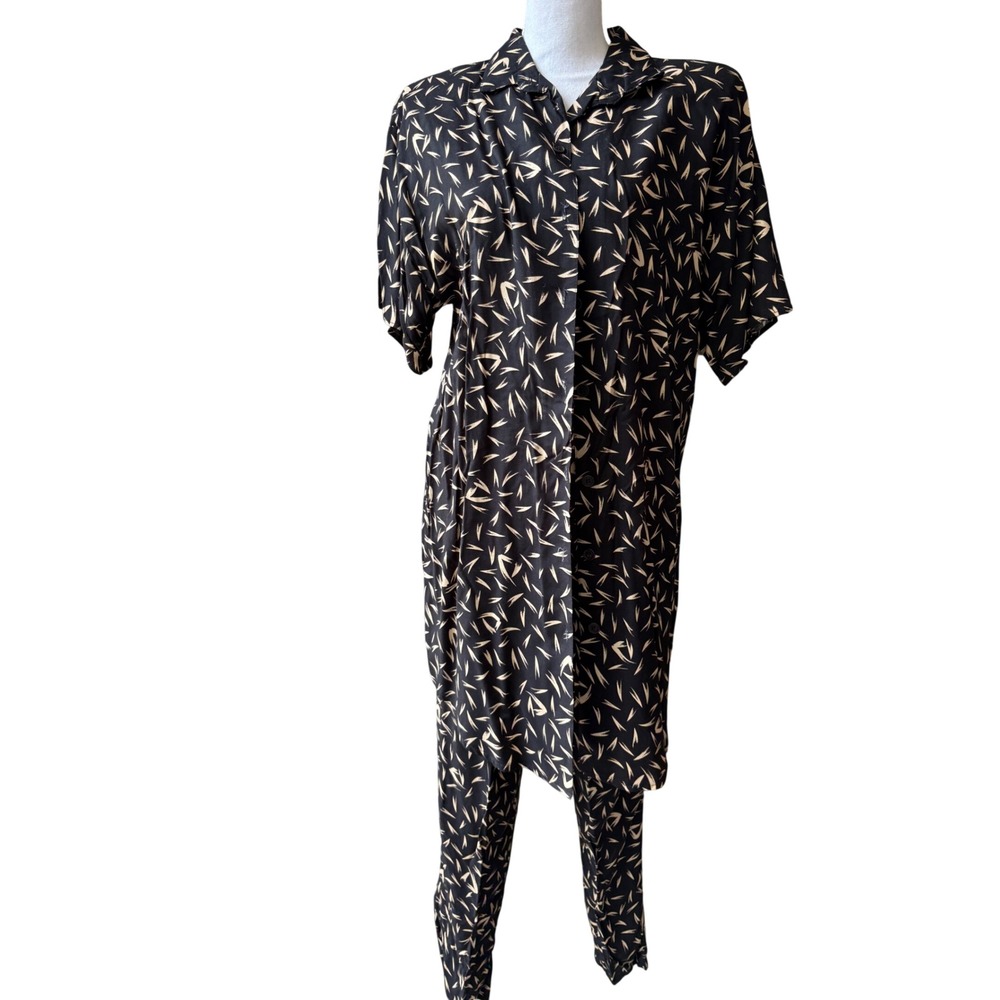 Vintage California Krush 2 Piece Tunic Pants Set Black Tan Leaf Print M